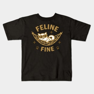 Feline Fine | Cute cat with sunglass saying feeling fine | Cute and funny cat puns Kids T-Shirt